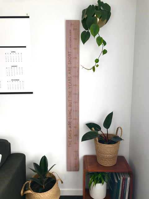 Whitewashed rimu height chart with your quote etched down the side