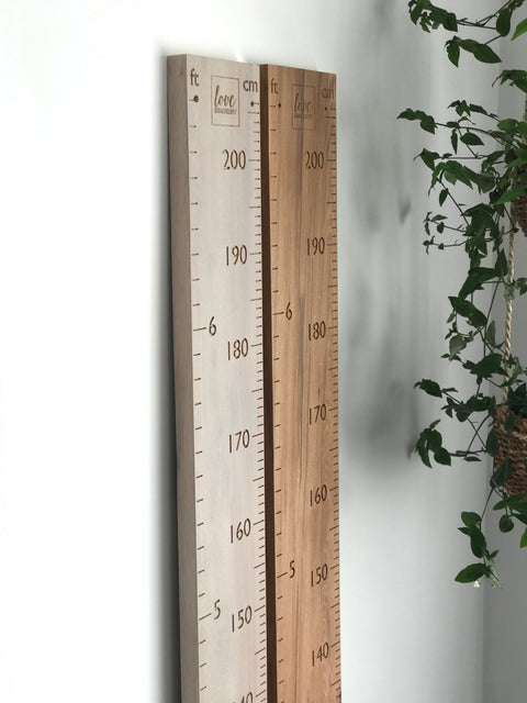 Feet and cm height chart in whitewash or natural recycled rimu
